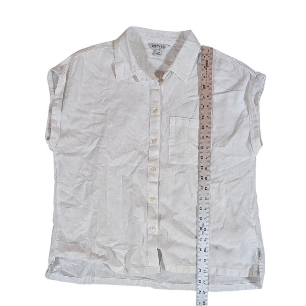 Orvis Button Down Top Womens Small White Linen Blend Short Sleeve Classic Pocket - Picture 7 of 8